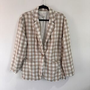 A New Day Blazer Jacket XL Linen Blend Gingham Check Retro Tan White Preppy